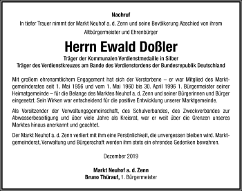 Traueranzeige von Ewald Doßler von Neustadt/ Scheinfeld/ Uffenheim