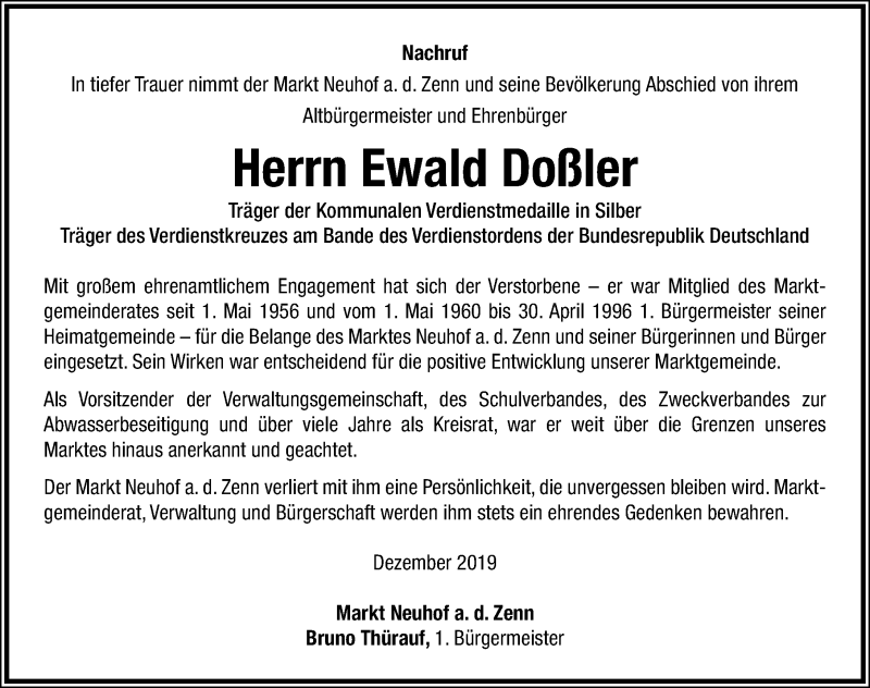  Traueranzeige für Ewald Doßler vom 07.12.2019 aus Neustadt/ Scheinfeld/ Uffenheim