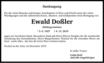 Traueranzeige von Ewald Doßler von Neustadt/ Scheinfeld/ Uffenheim