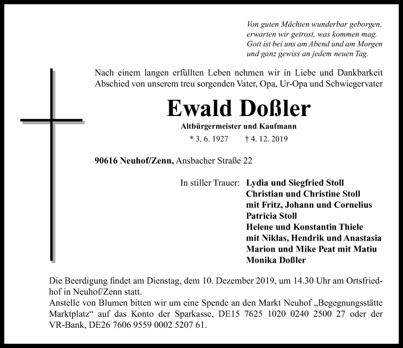  Traueranzeige für Ewald Doßler vom 07.12.2019 aus Neustadt/ Scheinfeld/ Uffenheim