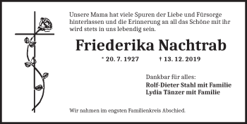 Traueranzeige von Friederika Nachtrab von Dinkelsbühl/ Feuchtwangen