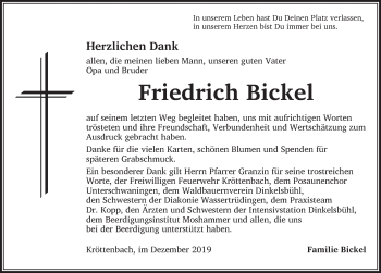 Traueranzeige von Friedrich Bickel von Dinkelsbühl/ Feuchtwangen