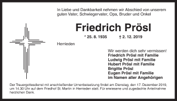 Traueranzeige von Friedrich Prösl von Dinkelsbühl/ Feuchtwangen