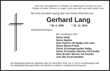 Traueranzeige von Gerhard Lang von Dinkelsbühl/ Feuchtwangen