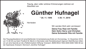 Traueranzeige von Günther Hufnagel von Dinkelsbühl/ Feuchtwangen