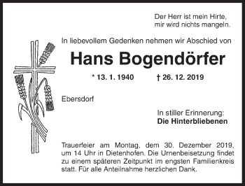 Traueranzeige von Hans Bogendörfer von Ansbach