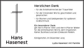 Traueranzeige von Hans Hasenest von Dinkelsbühl/ Feuchtwangen