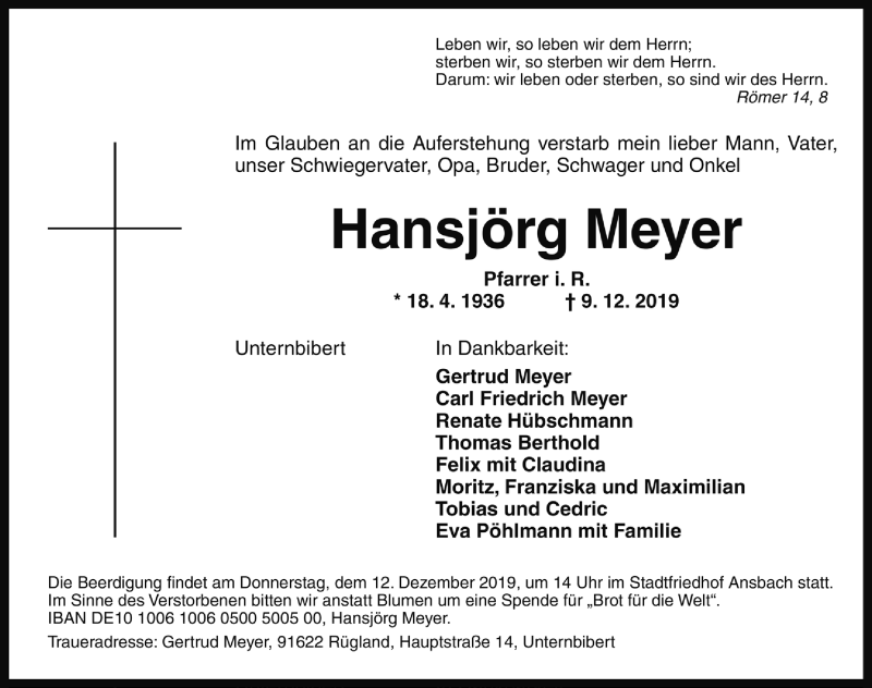  Traueranzeige für Hansjörg Meyer vom 11.12.2019 aus Rothenburg