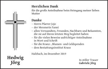 Traueranzeige von Hedwig Jörg von Dinkelsbühl/ Feuchtwangen