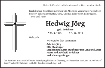 Traueranzeige von Hedwig Jörg von Dinkelsbühl/ Feuchtwangen