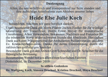Traueranzeige von Heide Else Julie Koch von Dinkelsbühl/ Feuchtwangen