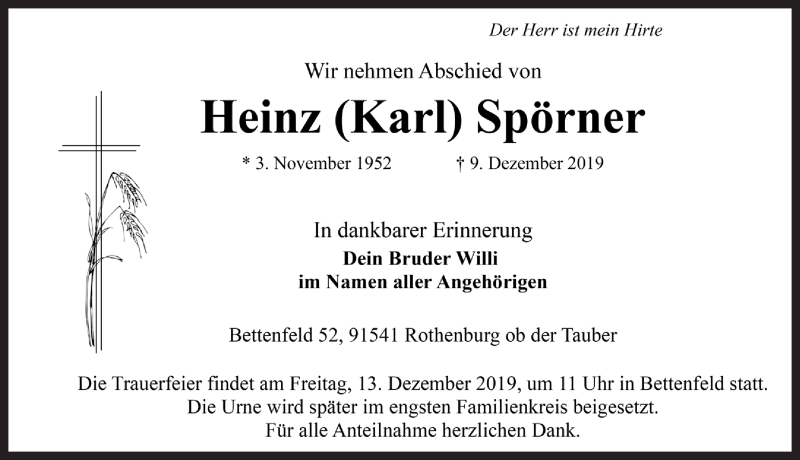  Traueranzeige für Heinz Spörner vom 11.12.2019 aus Rothenburg