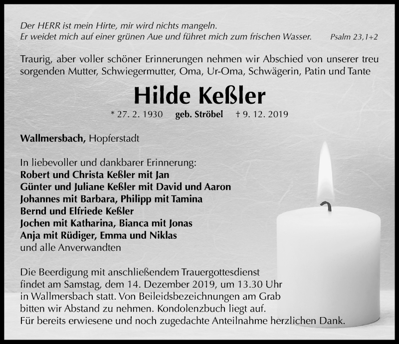  Traueranzeige für Hilde Keßler vom 12.12.2019 aus Neustadt/ Scheinfeld/ Uffenheim