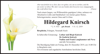 Traueranzeige von Hildegard Knirsch von Neustadt/ Scheinfeld/ Uffenheim