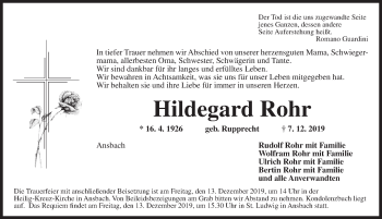 Traueranzeige von Hildegard Rohr von Ansbach