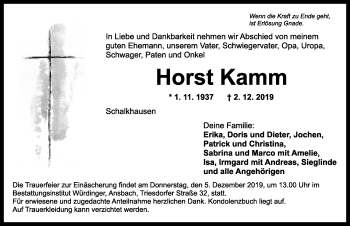 Traueranzeige von Horst Kamm von Ansbach