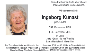 Traueranzeige von Ingeborg Künast von Dinkelsbühl/ Feuchtwangen