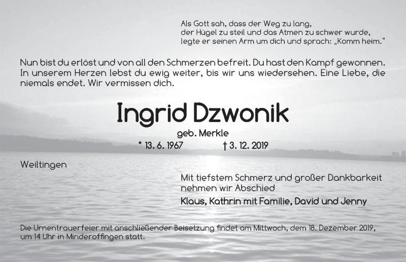  Traueranzeige für Ingrid Dzwonik vom 16.12.2019 aus Dinkelsbühl/ Feuchtwangen