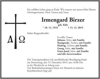 Traueranzeige von Irmengard Birzer von Dinkelsbühl/ Feuchtwangen