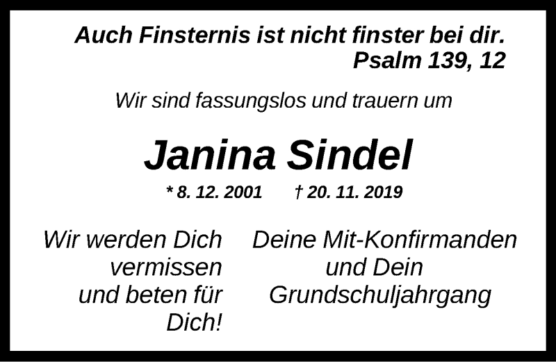  Traueranzeige für Janina Sindel vom 02.12.2019 aus Dinkelsbühl/ Feuchtwangen