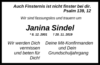 Traueranzeige von Janina Sindel von Dinkelsbühl/ Feuchtwangen