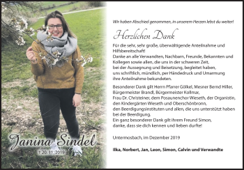 Traueranzeige von Janina Sindel von Dinkelsbühl/ Feuchtwangen