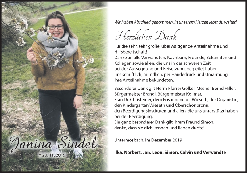  Traueranzeige für Janina Sindel vom 14.12.2019 aus Dinkelsbühl/ Feuchtwangen