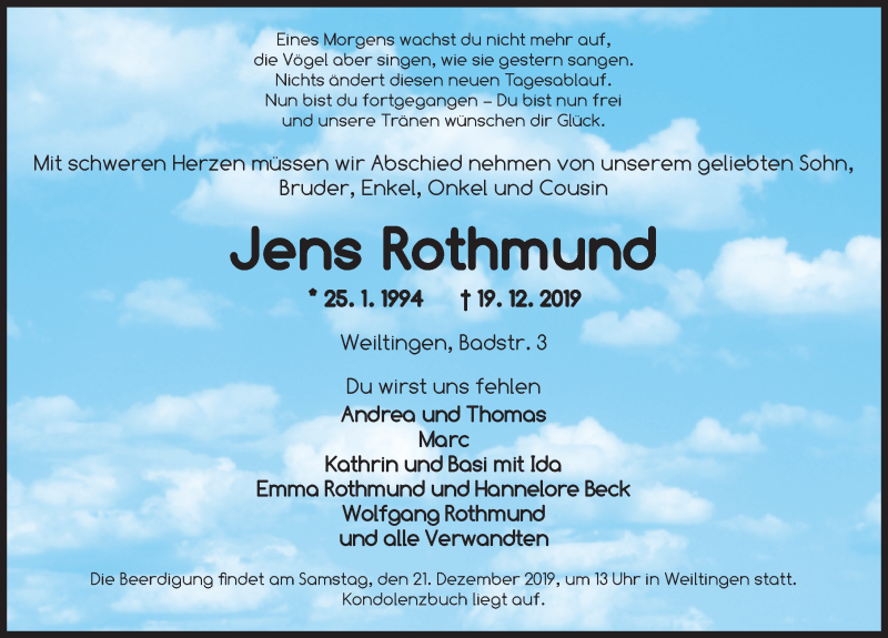  Traueranzeige für Jens Rothmund vom 20.12.2019 aus Dinkelsbühl/ Feuchtwangen