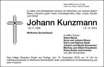 Traueranzeige von Johann Kunzmann von Ansbach