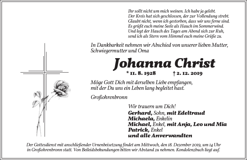  Traueranzeige für Johanna Christ vom 14.12.2019 aus Dinkelsbühl/ Feuchtwangen