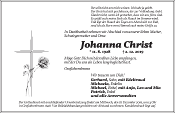 Traueranzeige von Johanna Christ von Dinkelsbühl/ Feuchtwangen