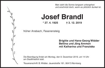 Traueranzeige von Josef Brandl von Ansbach