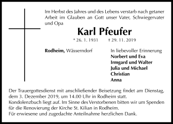 Traueranzeige von Karl Pfeufer von Neustadt/ Scheinfeld/ Uffenheim