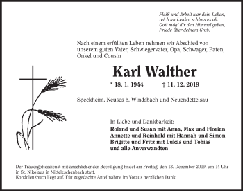 Traueranzeige von Karl Walther von Ansbach