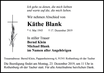 Traueranzeige von Käthe Blank von Rothenburg