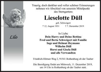 Traueranzeige von Lieselotte Düll von Rothenburg