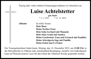 Traueranzeige von Luise Achtelstetter von Neustadt/ Scheinfeld/ Uffenheim