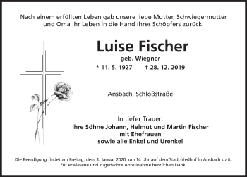 Traueranzeige von Luise Fischer von Dinkelsbühl/ Feuchtwangen