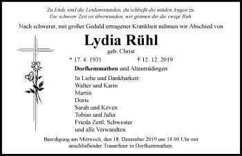 Traueranzeige von Lydia Rühl von Dinkelsbühl/ Feuchtwangen