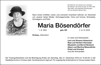 Traueranzeige von Maria Bösendörfer von Dinkelsbühl/ Feuchtwangen