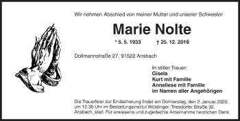 Traueranzeige von Marie Nolte von Ansbach