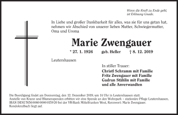 Traueranzeige von Marie Zwengauer von Ansbach