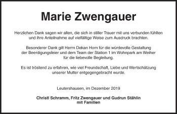 Traueranzeige von Marie Zwengauer von Ansbach