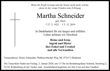 Traueranzeige von Martha Schneider von Rothenburg