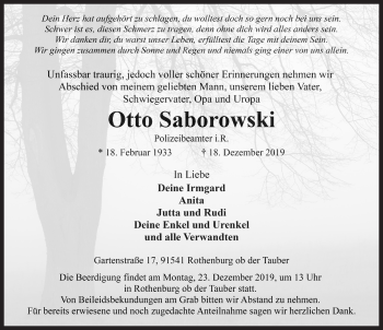 Traueranzeige von Otto Saborowski von Rothenburg