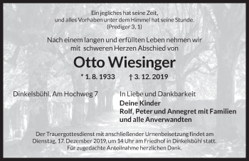 Traueranzeige von Otto Wiesinger von Dinkelsbühl/ Feuchtwangen
