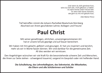 Traueranzeige von Paul Christ von Ansbach