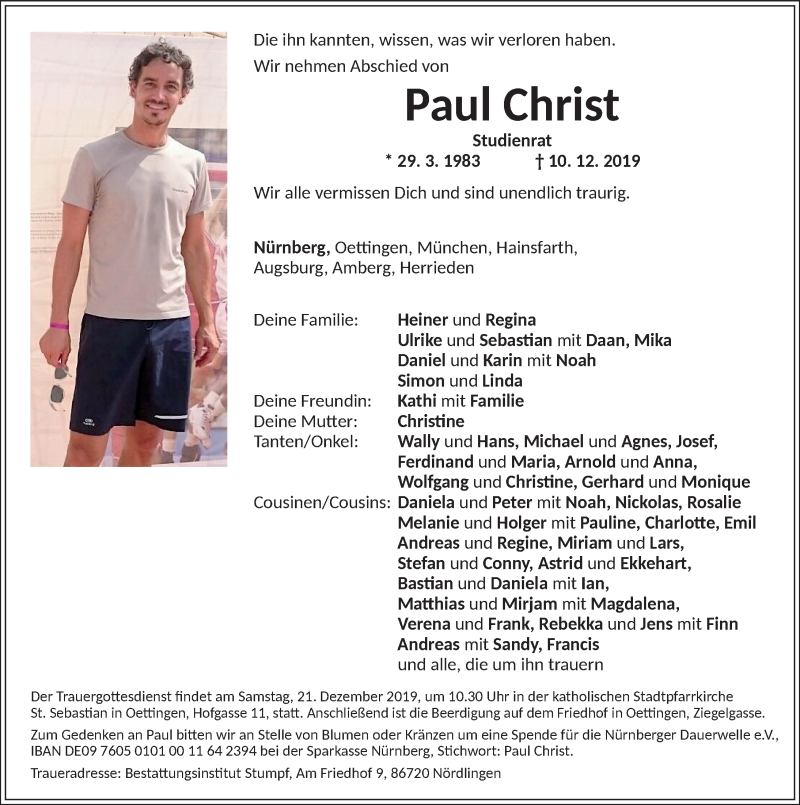  Traueranzeige für Paul Christ vom 18.12.2019 aus Ansbach