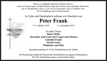 Traueranzeige von Peter Frank von Rothenburg