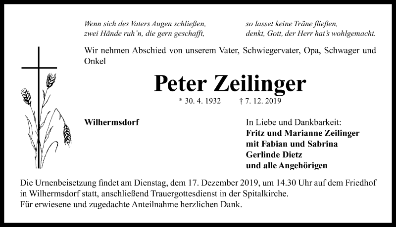 Traueranzeige für Peter Zeilinger vom 13.12.2019 aus Neustadt/ Scheinfeld/ Uffenheim
